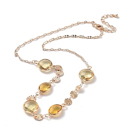 Flat Round Glass Pendant Necklaces with Brass Chains