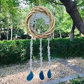Rattan & Gemstone Chips Flat Round with Tree of Life Pendant Decorations. Wind Chime, with Agate Piece and Butterfly Bead