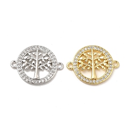 Brass Micro Pave Clear Cubic Zirconia Connector Charms, Flat Round Links with Tree of Life