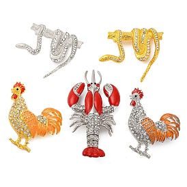 Zinc Alloy Crystal Rhinestone Enamel Brooch, Snake/Rooster/Lobster