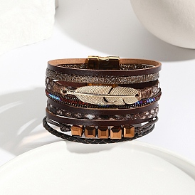 Feather Link PU Leather Multi-strand Bracelet, with Magnetic Clasp
