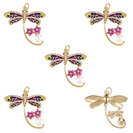 5Pcs Eco-Friendly Brass Micro Pave Cubic Zirconia Pendants, with Enamel, Long-Lasting Plated, Lead Free & Cadmium Free & Nickel Free, Real 18K Gold Plated, Dragonfly