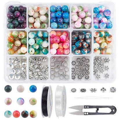 SUNNYCLUE DIY Stretch Bracelets Making Kits, Including Dyed Natural White Jade, Alloy Spacer Beads, Iron Beading Needles, Elastic Crystal Thread and Steel Scissors