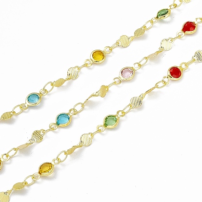 Handmade Brass Flat Round & Twist Link Chains, with Colorful Glass Beaded, Soldered, with Spool
