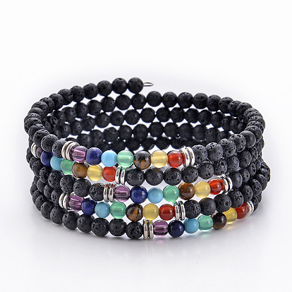 Multilayer Lava Stone Wrap Bracelet with 7 Chakra Beads for Yoga Meditation
