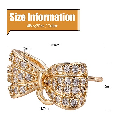 2Pairs 2 Color Brass Micro Pave Cubic Zirconia Earring Findings with Loop, with 20Pcs Brass Jump Rings, 10Pcs Plastic Ear Nuts, Bowknot