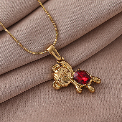 304 Подвеска-мешок из нержавеющей стали с красным стеклянным кулоном в виде медведя для женщин