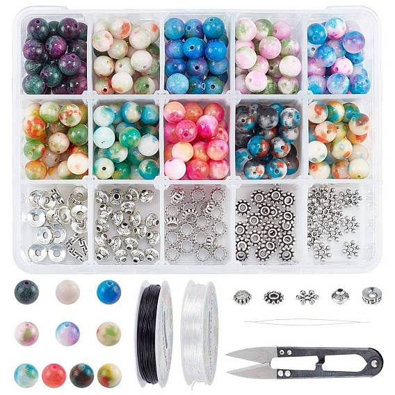 DIY Stretch Bracelets Making Kits, Including Dyed Natural White Jade, Alloy Spacer Beads, Iron Beading Needles, Elastic Crystal Thread and Steel Scissors