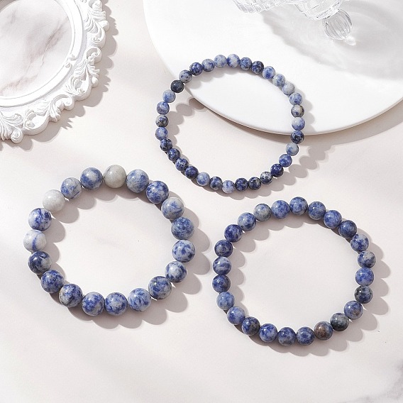 3шт. 3 стили браслетов из натурального голубого яшмового бусин, эластичные, для женщин и мужчин, круглые