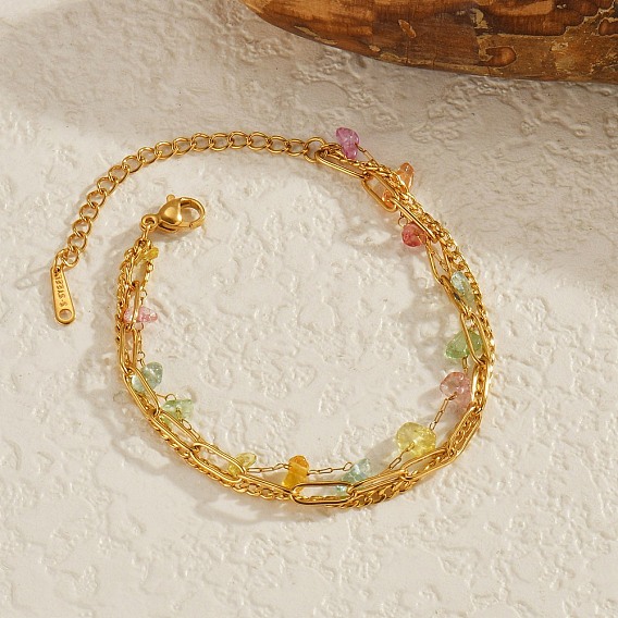 Стиль богема 304 многорядные браслеты из нержавеющей стали, браслеты из цепочек с панцирем, скрепками и кабелем для женщин, с натуральным смешанным драгоценным камнем