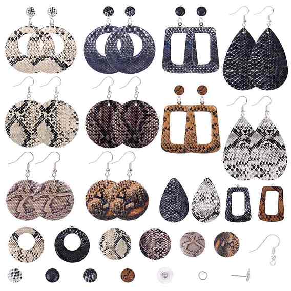 DIY Snakeskin Pattern Earring Making, with Imitation Leather Pendants and Cabochons, Wooden Pendants, 316 Surgical Stainless Steel Stud Earring Settings and Brass Earring Hooks