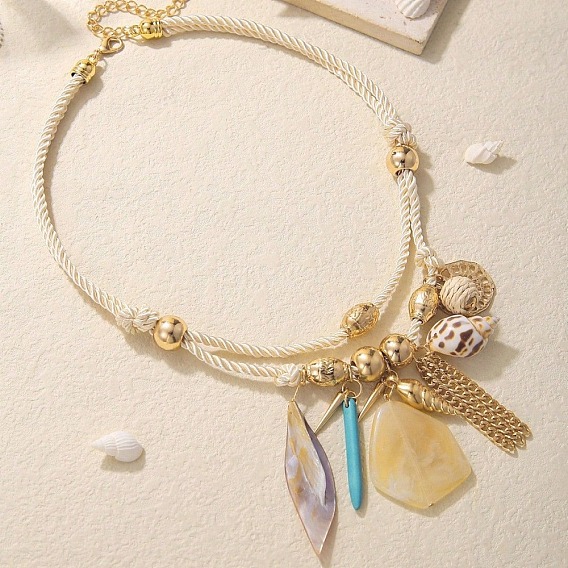 Богемная цепочка из сплава и круглый кулон из пластика CCB и натуральной ракушки, хлопковый шнурок, ожерелье-нагрудник для женщин, красочный