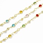 Handmade Brass Flat Round & Twist Link Chains, with Colorful Glass Beaded, Soldered, with Spool