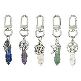 Copper Wire Wrapped Gemstone Bullet Pendant Decorations, Tibetan Style Alloy and Swivel Clasps Charms, Mixed Shapes