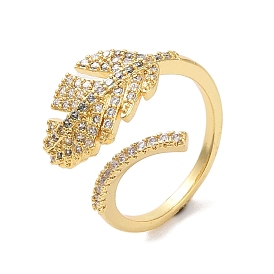Brass Micro Pave Cubic Zirconia Open Cuff Rings, Leaf