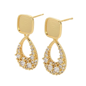 Фурнитура для сережек-гвоздиков в форме капли с микропаве из прозрачных кубических цирконий из латуни, с квадратными кабошонами