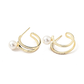 Clear Cubic Zirconia C-shape Stud Earrings with Acrylic Pearl, Brass Half Hoop Earrings for Women, Cadmium Free & Nickel Free & Lead Free