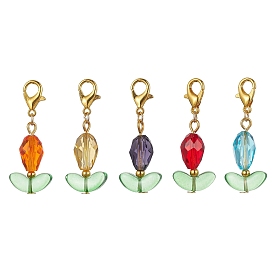 Flower Glass Pendant Decoration, with Golden Tone Alloy Clasp
