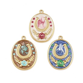 304 нержавеющей стальной эмали подвески, овал с цветком и подковой, реальный 18 k позолоченный, вакуумное покрытие pvd
