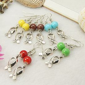 Dangle Awareness Ribbon Earrings, with Tibetan Style Pendant, Glass Beads and Brass Earring Hook, 47mm