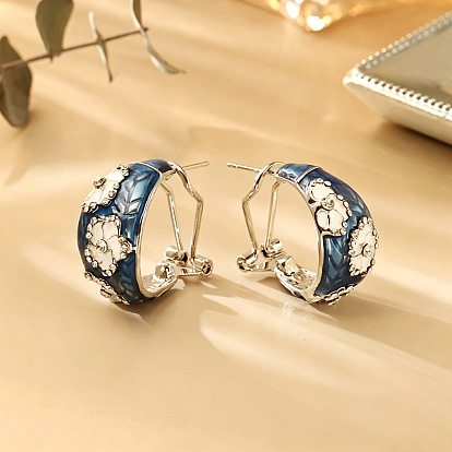 Brass Enamel Stud Earrings for Women, Flower, Rhinestone Stud Earrings, Golden