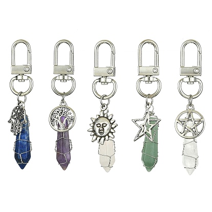Copper Wire Wrapped Gemstone Bullet Pendant Decorations, Tibetan Style Alloy and Swivel Clasps Charms, Mixed Shapes