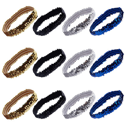 12pcs 4 couleurs de bandeaux élastiques en fil et caoutchouc, avec paillette/sequins en plastique, accessoires pour cheveux