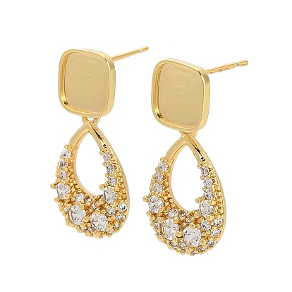 Фурнитура для сережек-гвоздиков в форме капли с микропаве из прозрачных кубических цирконий из латуни, с квадратными кабошонами