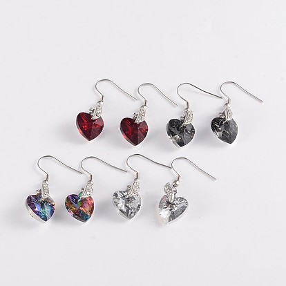 Heart 304 Stainless Steel Glass Dangle Earrings, with Brass Rhinestone Findings, 40mm, Pin: 0.8mm