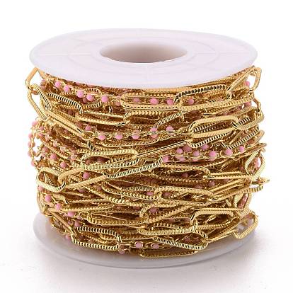 Golden Plated Handmade Enamel Beaded Chains, Brass Paperclip Chains, Long-Lasting Plated, Soldered, with Spool