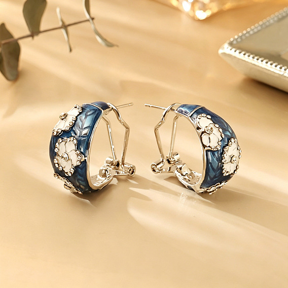 Brass Enamel Stud Earrings for Women, Flower, Rhinestone Stud Earrings, Golden