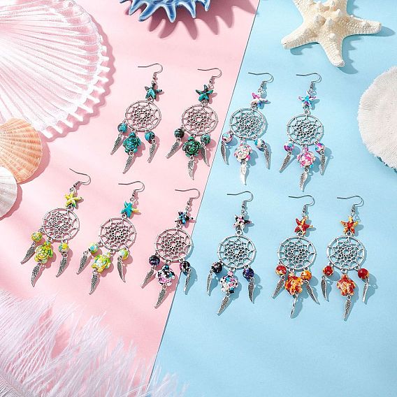 6пары 6цвета сплава и синтетической бирюзы серьги-люстры, с 316 хирургическими серьгами из нержавеющей стали для женщин, плоские круглые с крылом, античное серебро