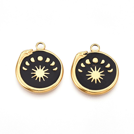 304 Stainless Steel Pendants Ion Plating(IP), with Enamel, Flat Round with Snake & Moon Phases & Sun Charms, Real 18K Gold Plated