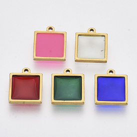 201 Stainless Steel Pendants, with Epoxy Resin, Square
