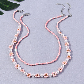 Комплекты ожерелий из стеклянных бусин с пластиковыми жемчужинами для женщин, платина