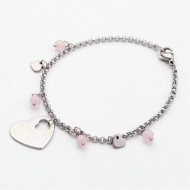 304 bracelets en acier inoxydable, avec quartz rose naturelle et pendentifs coeur