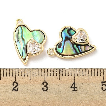 Natural Shell Pendants, Brass Pave Clear Glass Heart Charms