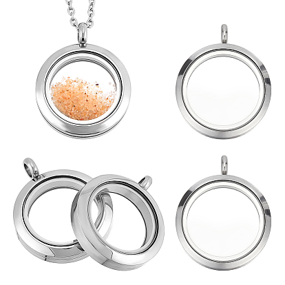 4Pcs 304 Stainless Steel Locket Pendants, Double Sides with Glass, DIY Accessories for Jewelry Pendant Making, Flat Round Charm