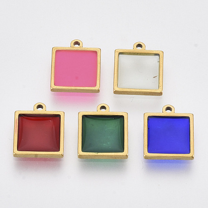 201 Stainless Steel Pendants, with Epoxy Resin, Square