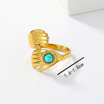 Hands Hug Shape Stainless Steel Open Cuff Rings, with Synthetic Turquoise
