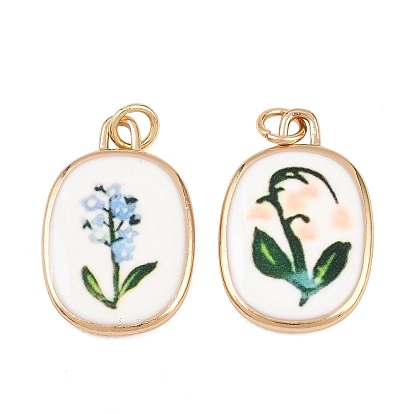 Латунь эмаль подвески, овал с цветочными подвесками, золотой свет
