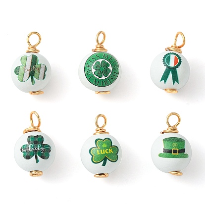 Saint Patrick's Day Printed Wood Pendants, Golden Tone Copper Wire Wrapped Round Charms