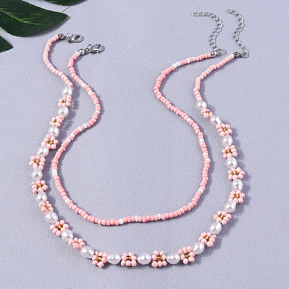 Комплекты ожерелий из стеклянных бусин с пластиковыми жемчужинами для женщин, платина