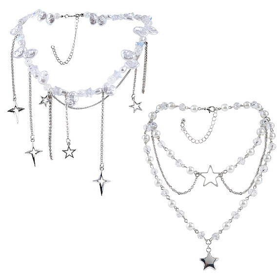 2шт. 2 стили: ожерелья из сплава, железа и смолы с бусинами в форме сердца и звезды для женщин, белые