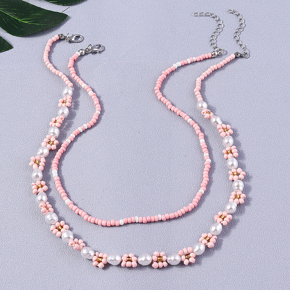 Комплекты ожерелий из стеклянных бусин с пластиковыми жемчужинами для женщин, платина