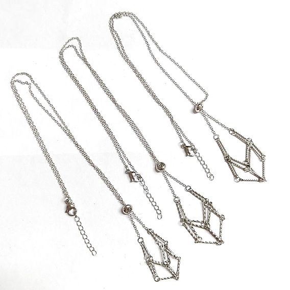 3Pcs 304 Stainless Steel Bar Link Chains Macrame Pouch Empty Stone Holder for Pendant Necklaces Making, with Cable Chains