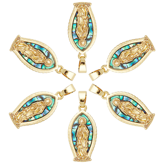 6Pcs Brass with Natural Paua Shell Religion Pendants, Virgin Mary Charms
