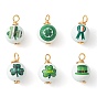 Saint Patrick's Day Printed Wood Pendants, Golden Tone Copper Wire Wrapped Round Charms