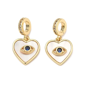 Подвески-шармы из латуни с микропаве, прозрачными и синими кубическими циркониями, в европейском стиле., Подвески в форме сердца с большим отверстием и изображением сглаза, украшенные натуральной ракушкой., стойки покрытие, долговечный, без свинца и без кадмия