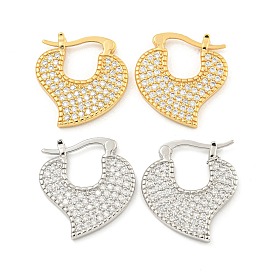 Heart Brass Pave Clear Cubic Zirconia Hoop Earrings
